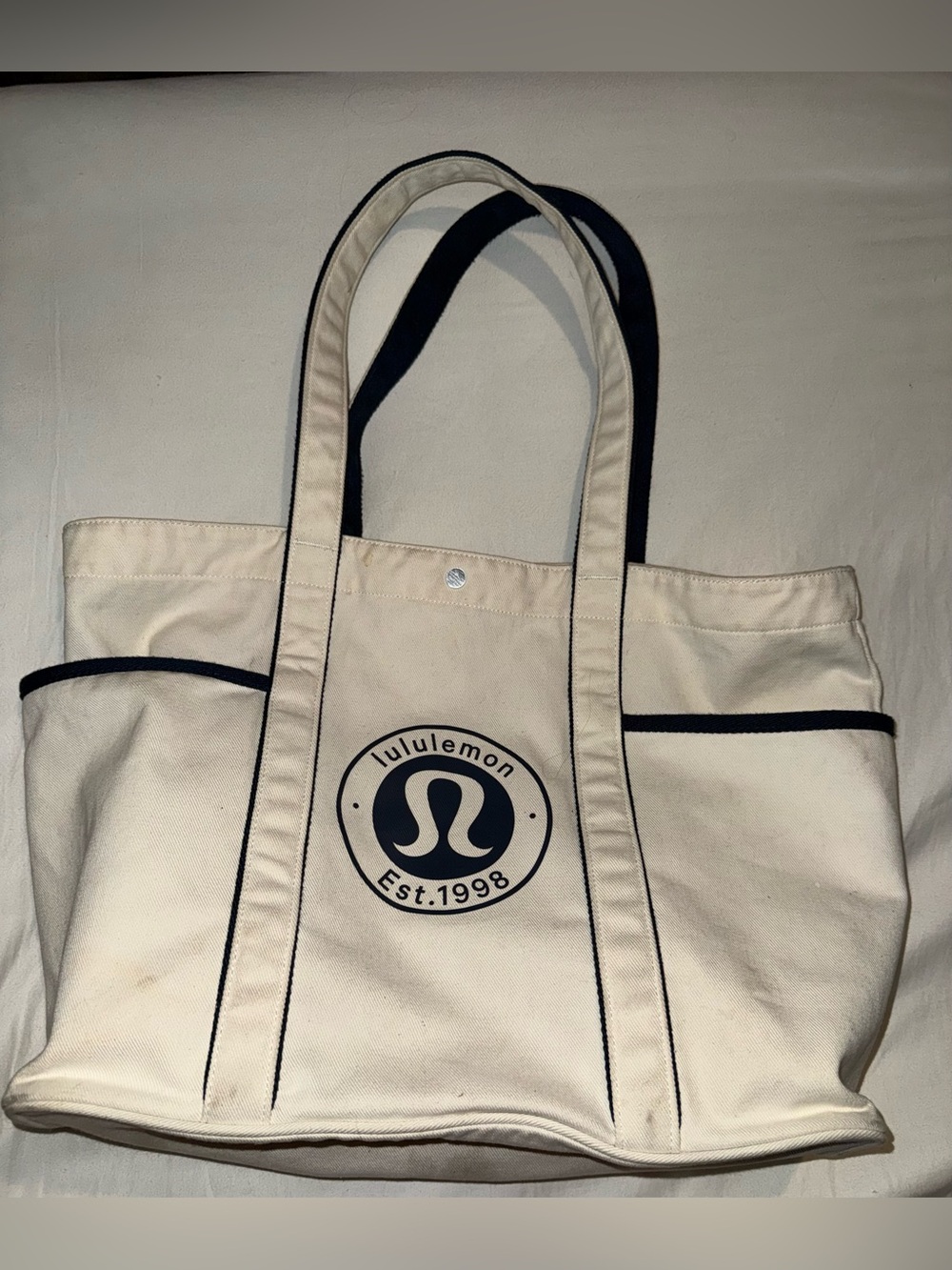 lululemon athletica Cream Canvas Tote with Navy Blue Piping and Logo